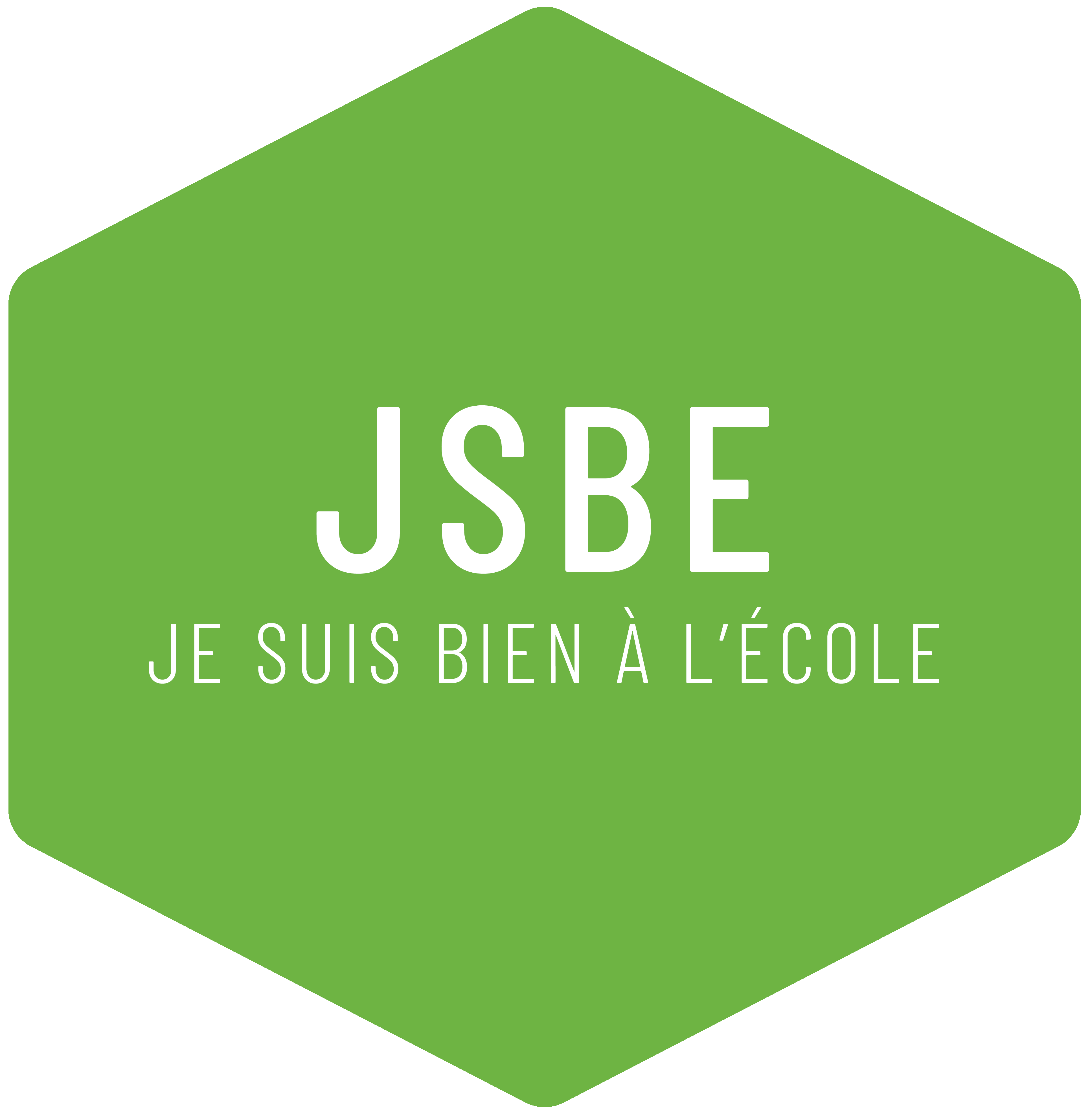 Logo hexagonal vert "JSBE, je suis bien à l'école"